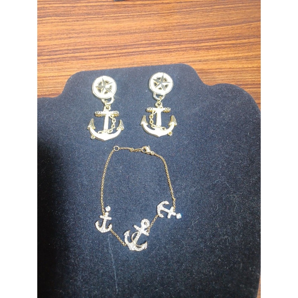 Anchor Shaped Enameled Earrings & Anchor Hook Fishing Boat Bracelet Golden